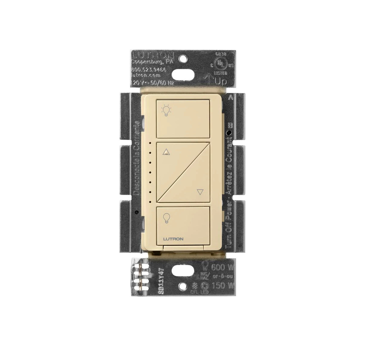Lutron PD-6WCL Caseta Wireless in-wall dimmer; 50 W CFL/LED, 600 W Incandescent/Halogen, Single pole - Ivory