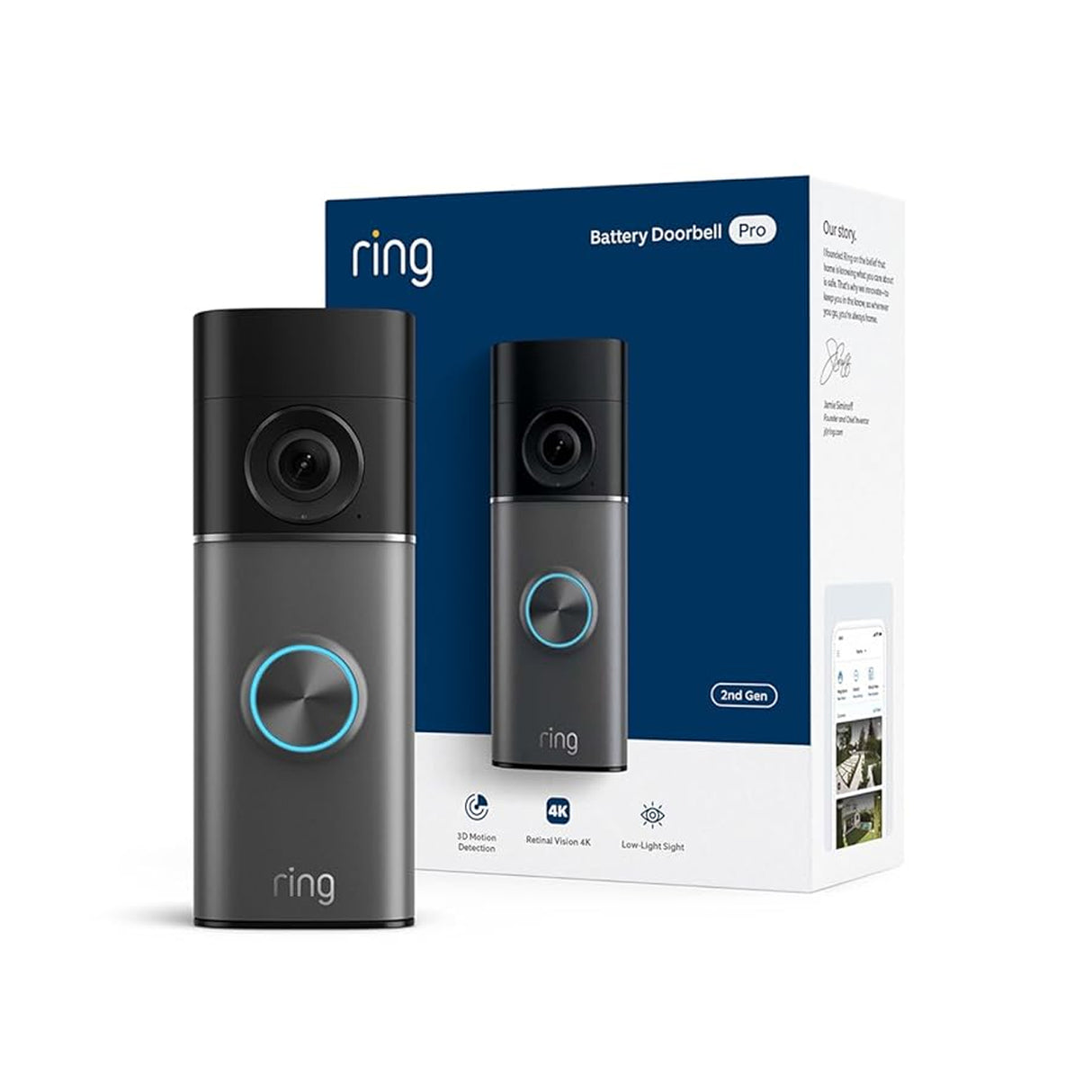 Ring Video Doorbell Battery Pro 4K, Retinal 4K with wide-angle video, up to 10x Enhanced Zoom, Night Vision, and Quick Release Ultra Battery Pack, Deep Silver