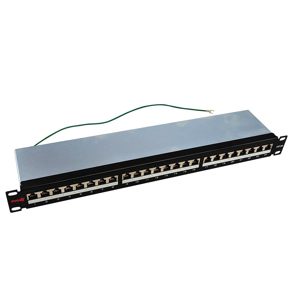 Simply45 (S45-2724S) 24 Port Loaded STP Cat6/6a Patch Panel, 1RU, 110 style, cable management bracket