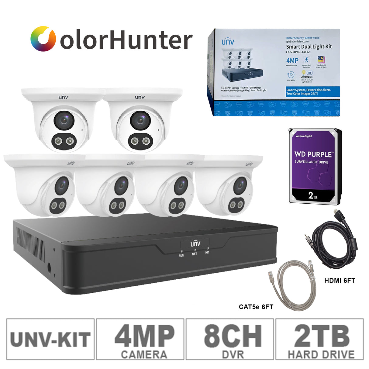 UNV EK-S31P8DLT46-T2, IP Kit 8ch NVR, 6pcs Turret 4MP ColorHunter, WDHD 2TB