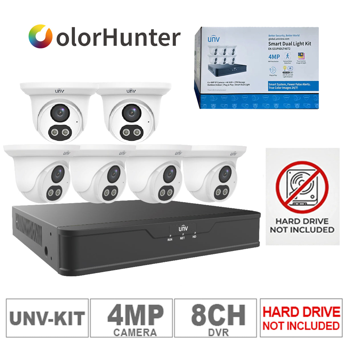 UNV EK-S31P8DLT46T2, IP Kit 8ch NVR, 6pcs Turret 4MP ColorHunter (Hard Disk Drive, Not Included)