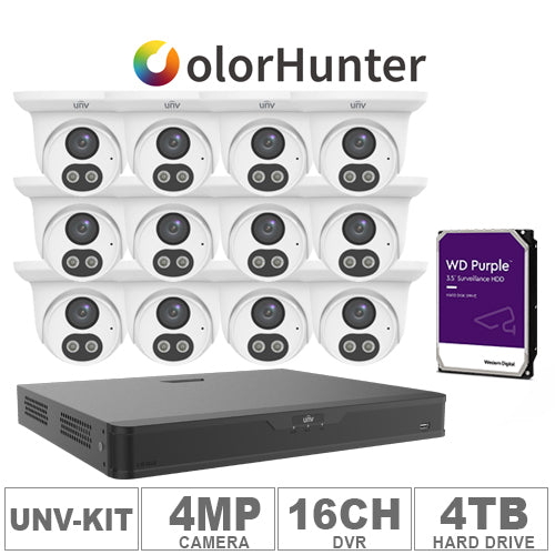 UNV EK-BQ2P16UDLT412T4, IP Kit 16ch NVR, 12pcs Turret 4MP Color Hunter, 4TB HD