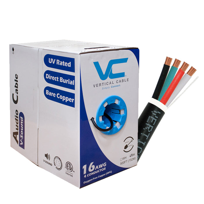 Vertical Cable (209-2316/DB), Speaker Cable, 16AWG UV Rated Outer Jacket, Direct Burial, 16AWG, 4 Conductor, Stranded (65 Strand), 500ft, PE Jacket, Pull Box, Black