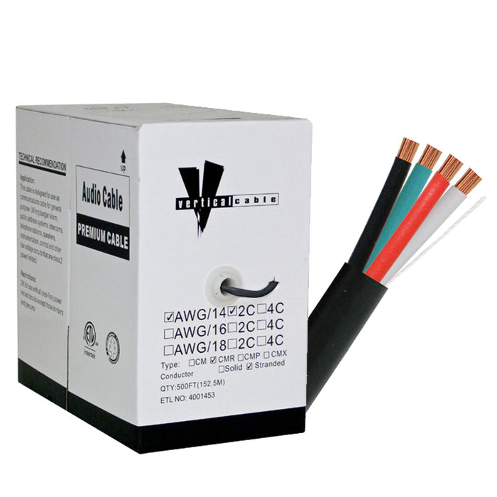 Vertical Cable (209-2329-BK), Speaker Cable, 18AWG, 4 Conductor, Stranded (16 Strand), 500ft, PVC Jacket, Pull Box, Black