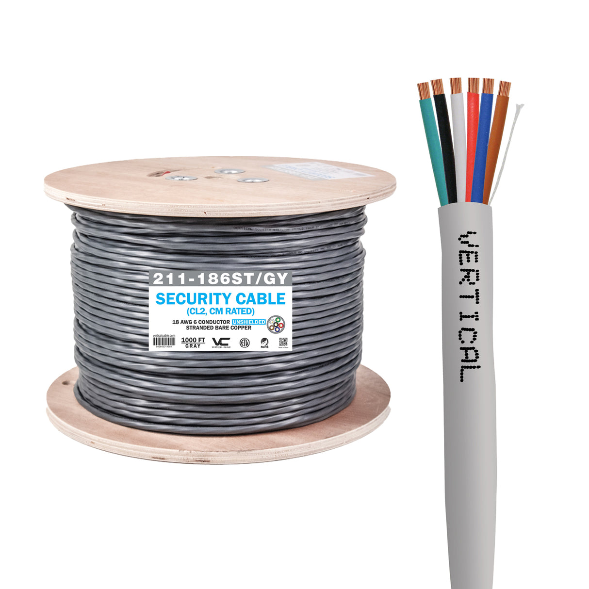 Vertical Cable (18/6 Alarm-Security Cable) 18AWG, 6 Conductor, Stranded, Wooden Spool, 1000ft, Gray