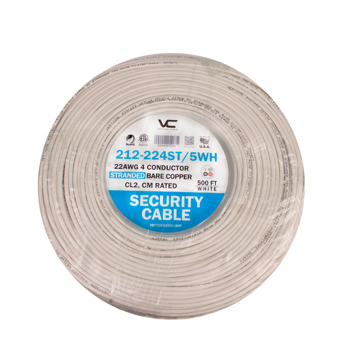 Vertical Cable (212-224ST-5WH), Alarm-Security Cable, Stranded, Unshielded, 22AWG, 4 Conductor, 500ft, Coil Pack, White – Coil Pack