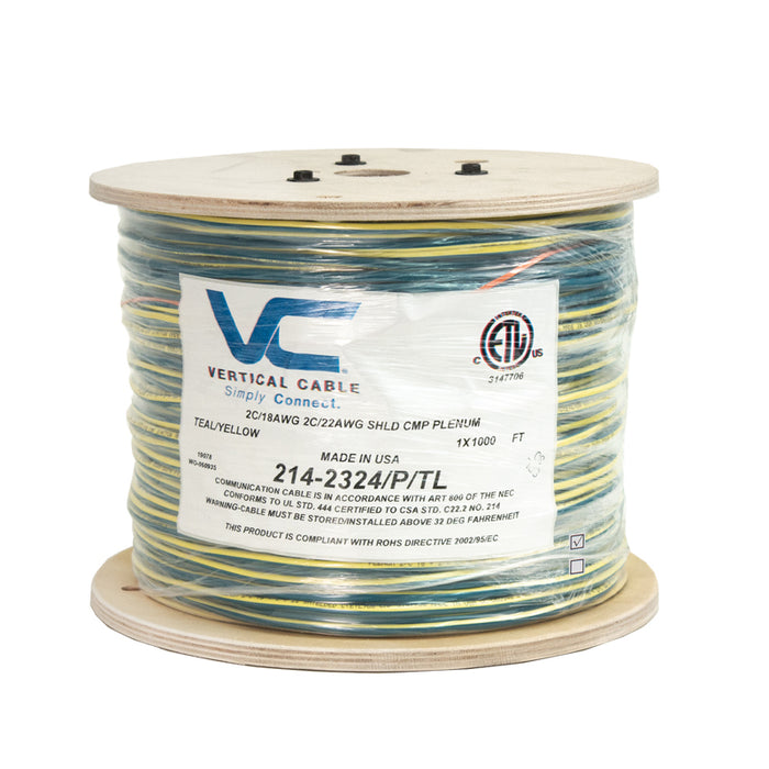 Vertical Cable (214-2324/P/TL), Access Control Plenum: 22/2(Shielded) Data + 18/2 Power, Stranded Bare Copper Conductors, Teal with Yellow Stripe, 1000ft Spool
