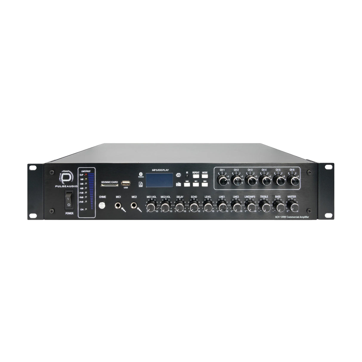 Vanco PA6X240, 6-channel commercial amplifiers with 8ohm and 70/100V outputs, 2 mic inputs, 3 RCA inputs, Bluetooth, USB/SD playback, and an FM tuner, all in a 2U rack mount design. Closeout