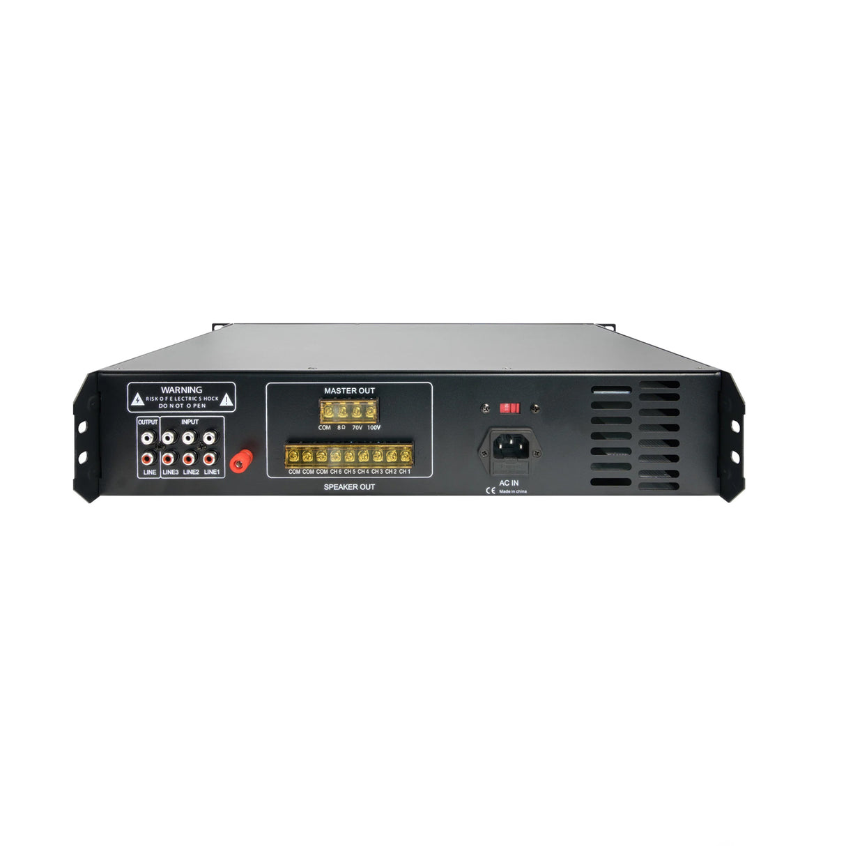 Vanco PA6X240, 6-channel commercial amplifiers with 8ohm and 70/100V outputs, 2 mic inputs, 3 RCA inputs, Bluetooth, USB/SD playback, and an FM tuner, all in a 2U rack mount design. Closeout