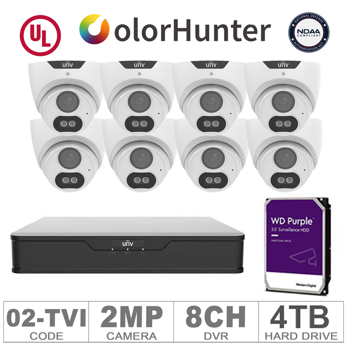 UNV KIT-TVI/02 (8 TVI Cameras 2MP + 1-WD/4-TB + 1-DVR/8-CH)