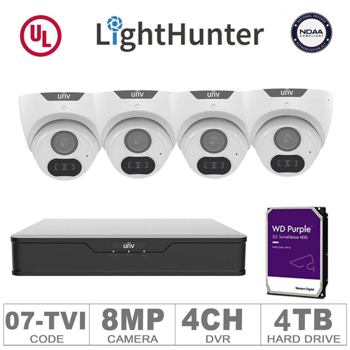 UNV KIT-TVI/07 (4 TVI Cameras 8MP + 1-WD/4-TB + 1-DVR/4-CH)