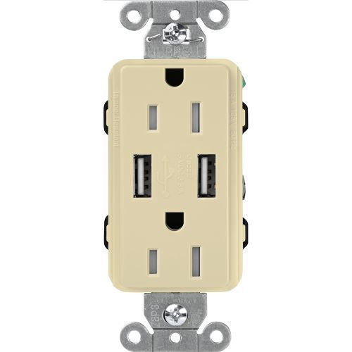 Lutron Claro CAR-15-UBTR, 15A Tamper Resistant Receptacle - Dual USB Type A