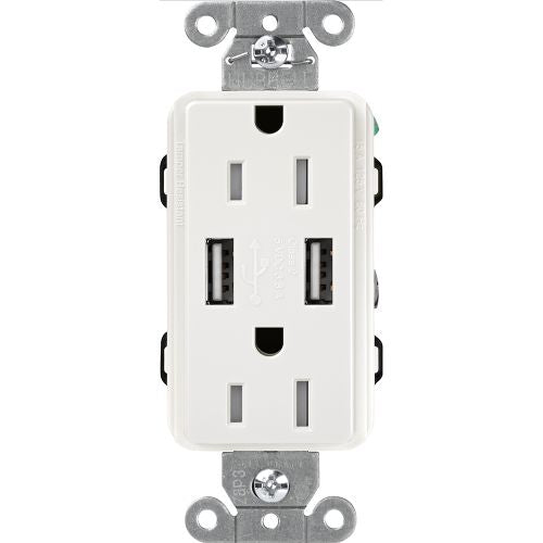 Lutron Claro CAR-15-UBTR, 15A Tamper Resistant Receptacle - Dual USB Type A
