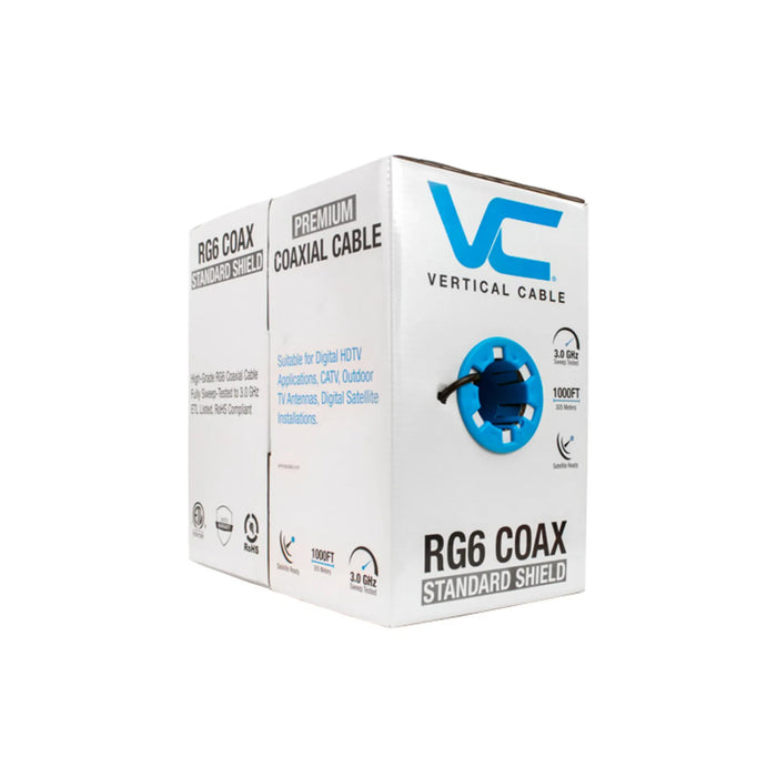 Vertical Cable STANDARD SHIELD RG6, 75 OHM, 18AWG CCS Conductor, Aluminum Foil Shield & 60% Aluminum Braid, High-Grade CM, CATV, CL2, Reel-in-Box, (1000 ft) White / Black.