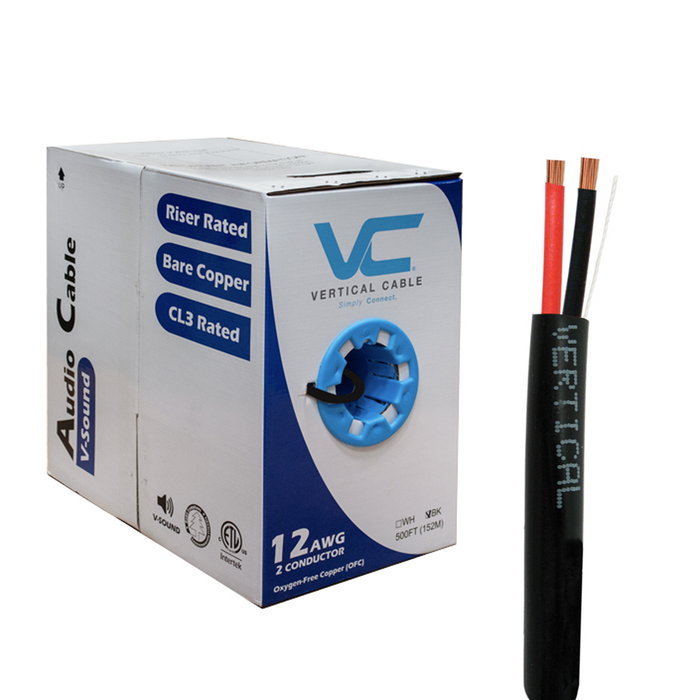 Vertical Cable (209-2324BK), Speaker Cable, 12AWG, 2 Conductor, Stranded (65 Strand), PVC Jacket, 500ft, Pull Box, Black