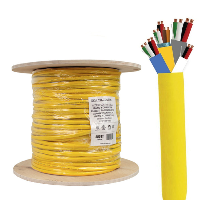 Vertical Cable (214-2329/P/YL), Access Control Cable Plenum: 22AWG/3Pair Shielded + 18AWG/4Conductor + 22AWG/4Conductor + 22AWG/2Conductor, Stranded Bare Copper Conductors, Yellow, 500ft Spool