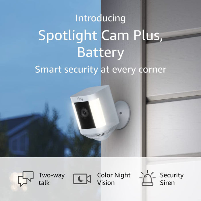 Ring Spotlight Cam Plus, Battery, Two-Way Talk, Color Night Vision, and Security Siren (White-Black)