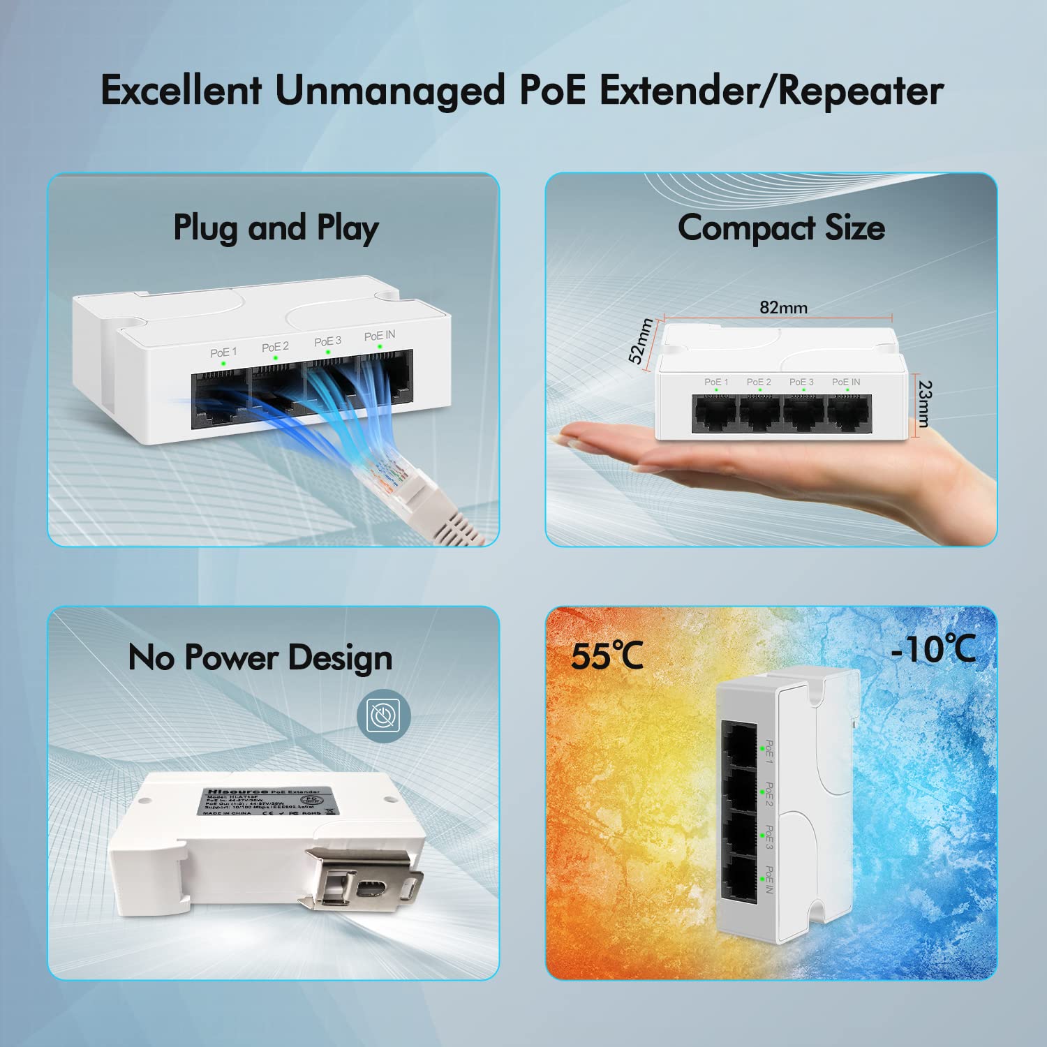 Acegear POE4PORTEXT 4-ports POE Extender, 1 IN 3 OUT 100Mbps
