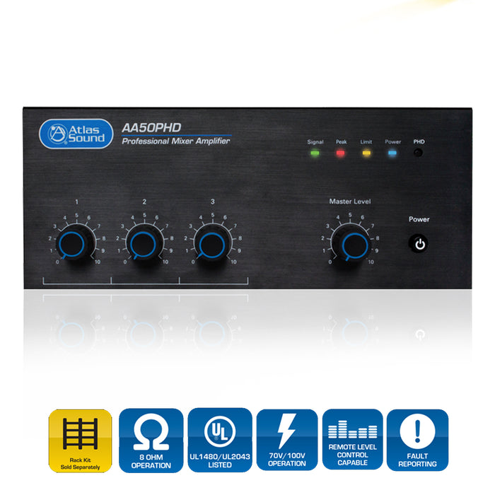 AtlasIED AA50PHD / 4-Input, Mixer Amplifier with Automatic System Test (PHD)  (50-Watt)
