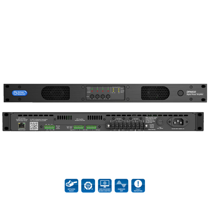AtlasIED DPA602 / Networkable 2-Channel networkable multi-channel power amplifier with optional dante™ network audio (600-Watt)