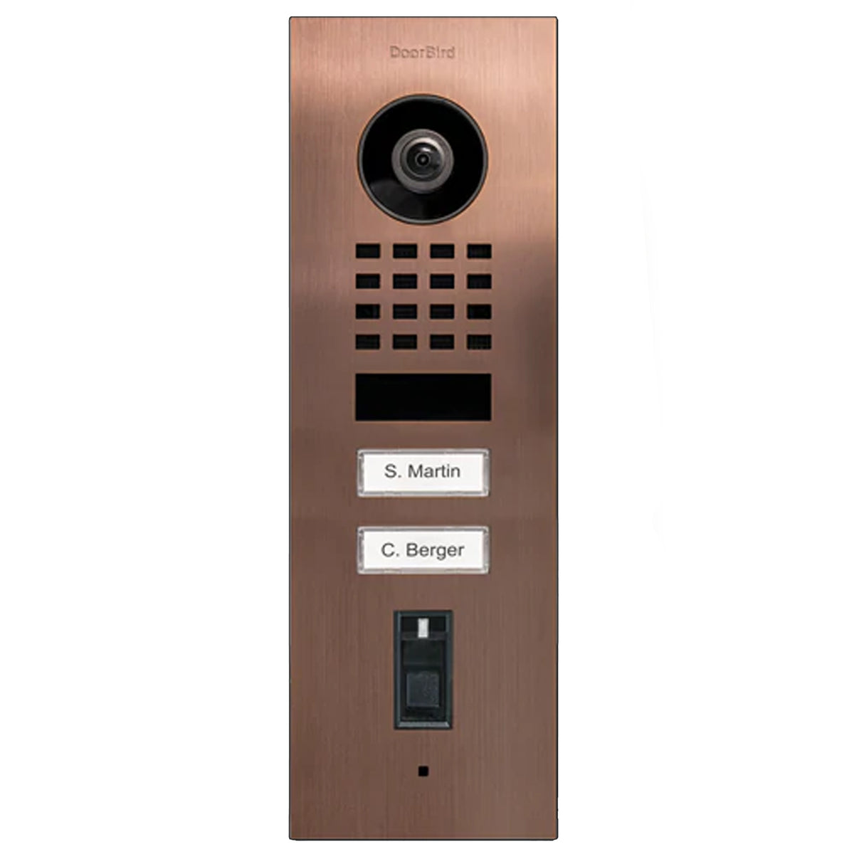 DoorBird D1102FV-FP50-FM, Flush Mount, IP Video Door Station, Fingerprint 50, 2 Units, 2 Call Buttons.