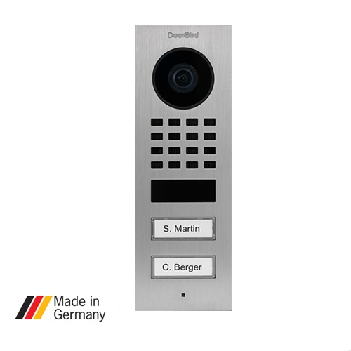 DoorBird D1102V-FM, Flush Mount, IP Video Door Sation, 2 Units, 2 Call Buttons.
