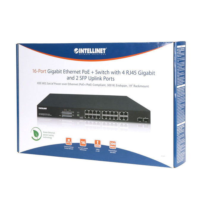 Intellinet 561419, 16-Port Gigabit Ethernet PoE+ Switch with 4 RJ45 Gigabit and 2 SFP Uplink Ports