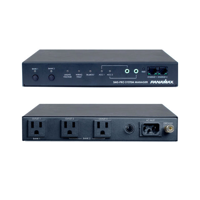 Panamax SM3-PRO Compact BlueBOLT enabled System Manager with 3 Outlets, Power Protection, and 2-Port Network Switch.