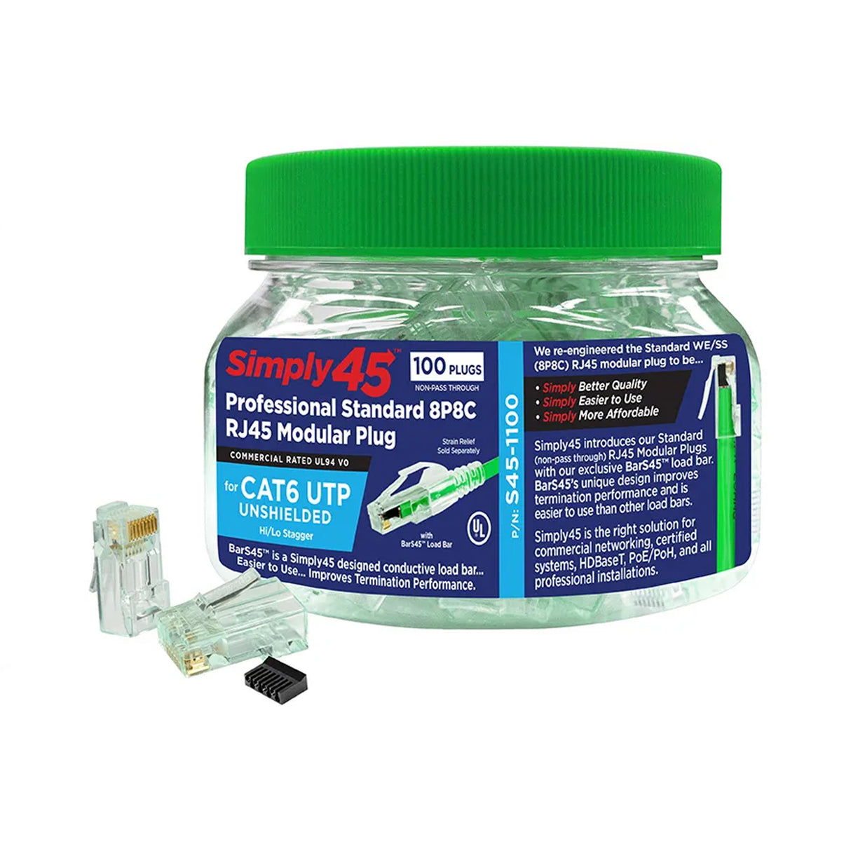 Simply45 CAT6/6A UTP (S45-1100) STANDARD. RJ45 Modular Plugs with Bar45™ Hi/Lo Stagger, Green Tint - (100pcs/Jar)