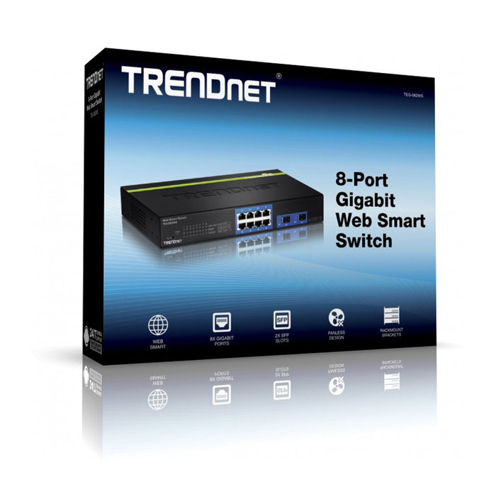 TRENDnet TEG-082WS 8 Port Gigabit Web Smart Switch, 10/100/1000 Mbps, SFP, rack mountable, fanless