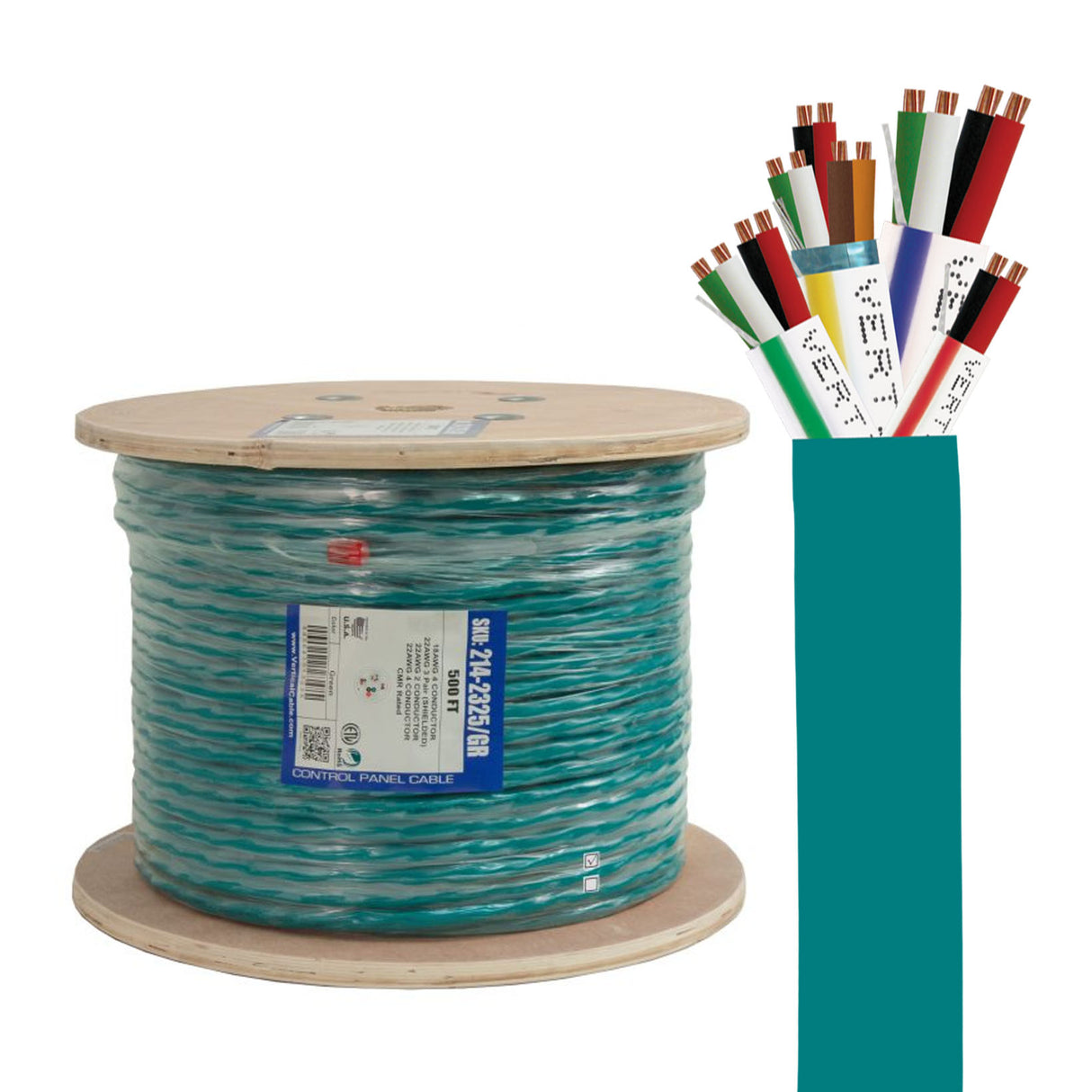 Vertical Cable (Access Control Cable Riser) 22AWG/3Pair Shielded + 18AWG/4Conductor + 22AWG/4Conductor + 22AWG/2Conductor, Stranded Bare Copper Conductors, Wooden Spool, 500ft, Green