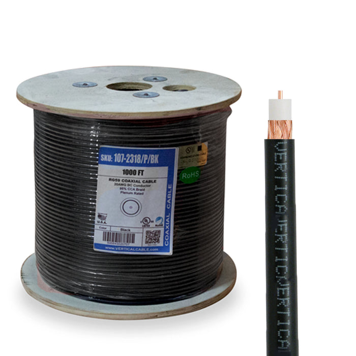 Vertical Cable (107-2318/P/BK), RG59, Plenum Bare Copper Coaxial Cable with 95% CCA Braid, Plenum Jacket, 1000ft, Reel, Black