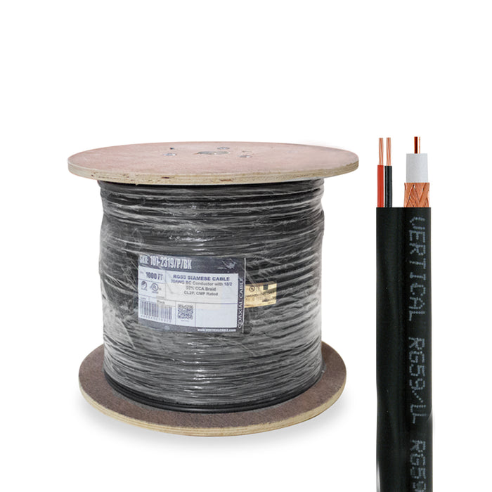 Vertical Cable (107-2319/P/BK ), RG59 Siamese Coaxial Cable, Plenum, Bare Copper Conductor, 95% CCA Braid, with 18/2 power cable, White, 1000ft Spool