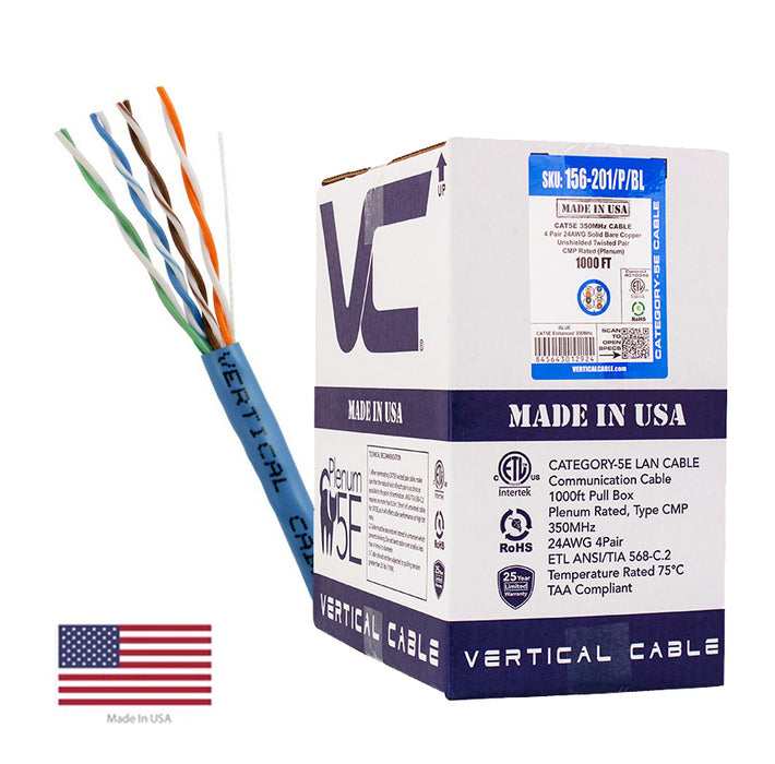 Vertical Cable CAT5E PLENUM, (156-201-P-BL), 350MHz, MADE IN USA,  Solid Bare Copper, ETL, 24AWG, UTP, 8C, PVC Jacket (1000 ft) Blue.