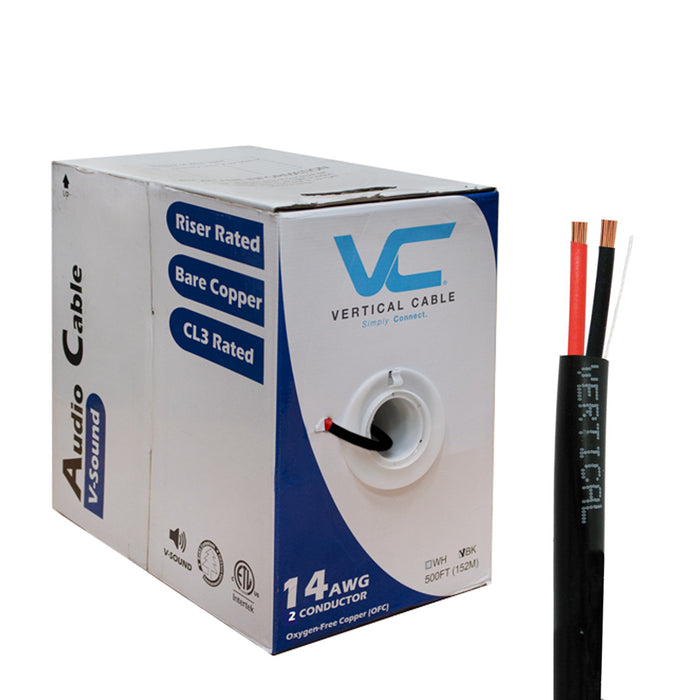 Vertical Cable (209-2320), Speaker Cable, 14AWG, 2 Conductor, Stranded (41 Strand), 500′, PVC Jacket, Pull Box, Black - White