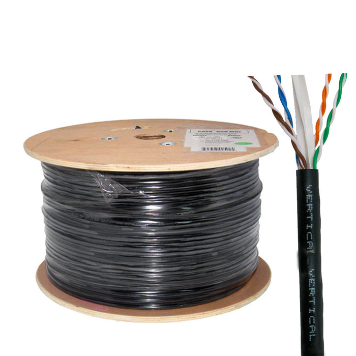 Vertical Cable CAT6 OUTDOOR CMX, (069-559/CMX), UV Rated, 23AWG, Solid-Bare-Copper, Wooden Spool, (1000ft) Black.