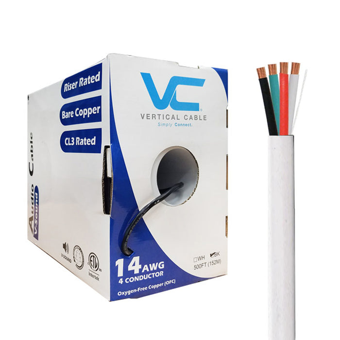 Vertical Cable (209-2321), Speaker Cable, 14AWG, 4 Conductor, Stranded (41 Strand), 500', PVC Jacket, Pull Box, Black