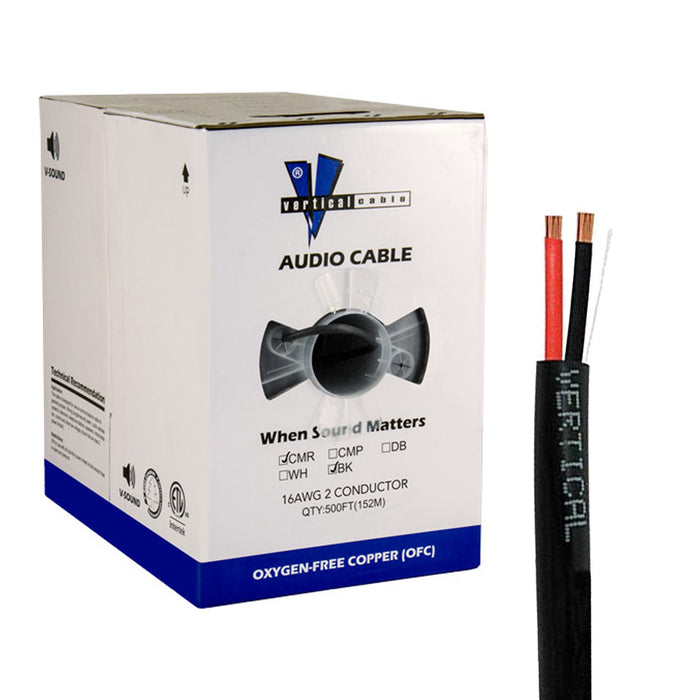 Vertical Cable (209-2315/BK), Speaker Cable 16AWG, 2 Conductor, Stranded (65 Strand), 500ft, PVC Jacket, Pull Box, Black