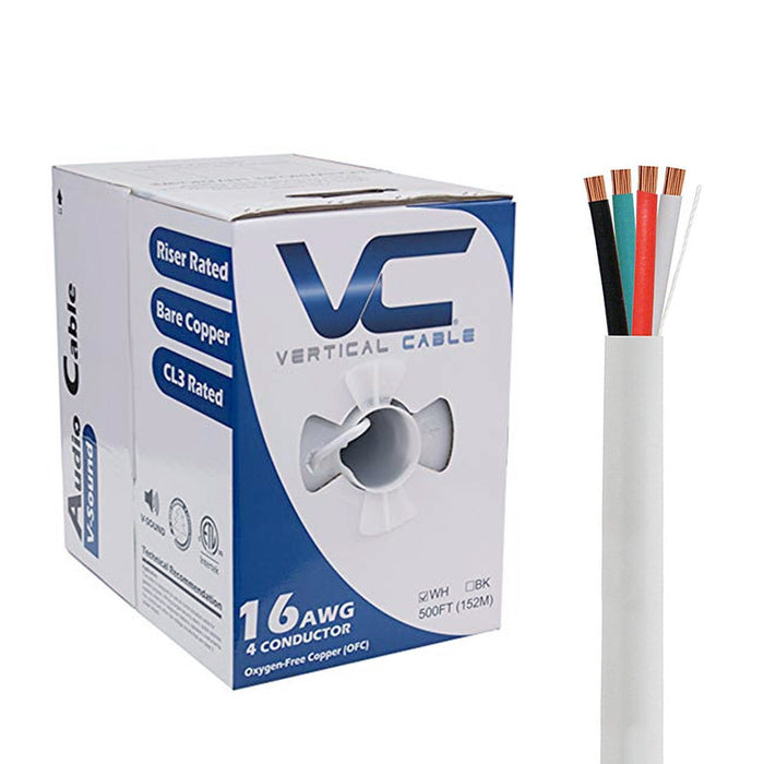 Vertical Cable (209-2316) Speaker Cable 16AWG, 4 Conductor, Stranded (65 Strand), 500ft, PVC Jacket, Pull Box Black / White.