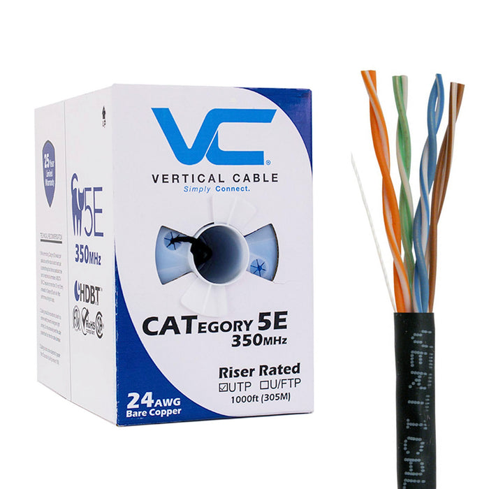 Vertical Cable (CAT5E), 24AWG, UTP, 8C Solid Bare Copper, 350MHz, Riser Rated, PVC Jacket,1000ft. Pull Box Black / Blue / White.