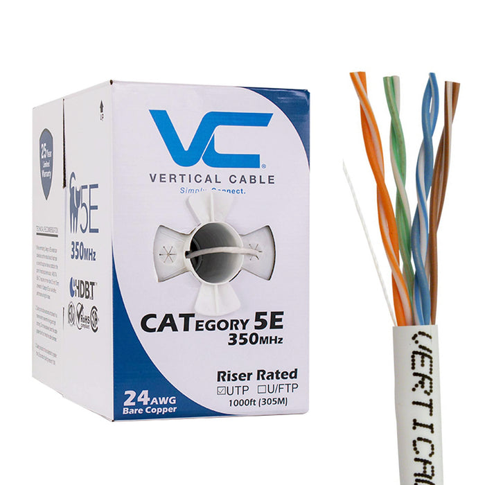 Vertical Cable (CAT5E), 24AWG, UTP, 8C Solid Bare Copper, 350MHz, Riser Rated, PVC Jacket,1000ft. Pull Box Black / Blue / White.