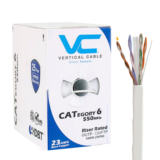 Vertical Cable (CAT6), 23AWG, UTP, Solid Bare Copper, 8C, 550MHz, Riser Rated, PVC Jacket (1000 ft) Black / Blue / White.