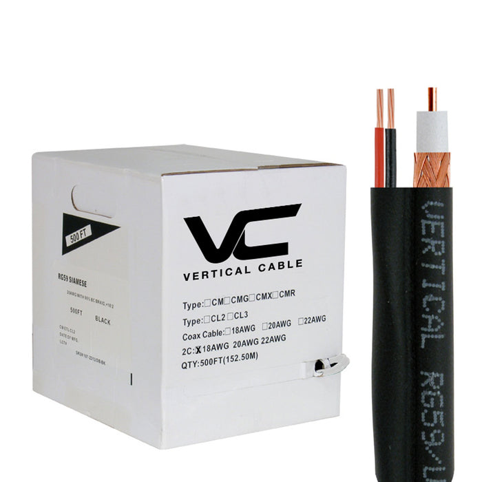 Vertical Cable (107-2324), RG59 Siamese + 18AWG Power Cables, CCS Conductor, Shield: 85% CCA Braid, 20AWG, 500ft, Pull Box, White
