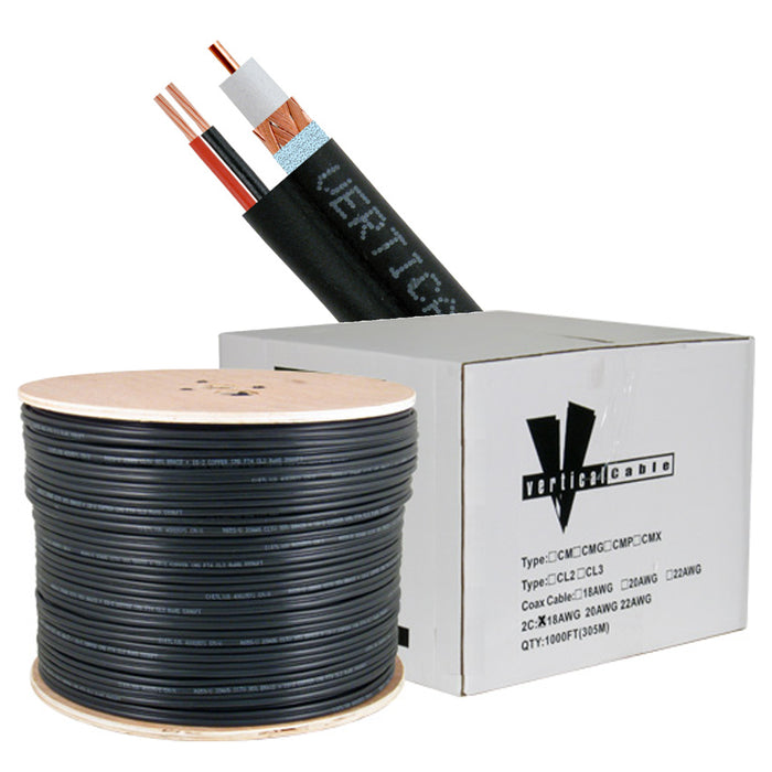 Vertical Cable (107-2179-DB-BK), RG59 Siamese Direct Burial, 20AWG Bare Copper Conductor with 95% Copper Clad Aluminum Braid, 18AWG Conductors, CL2, CM, Polythylene Jacket., Black, 1000ft, Spool