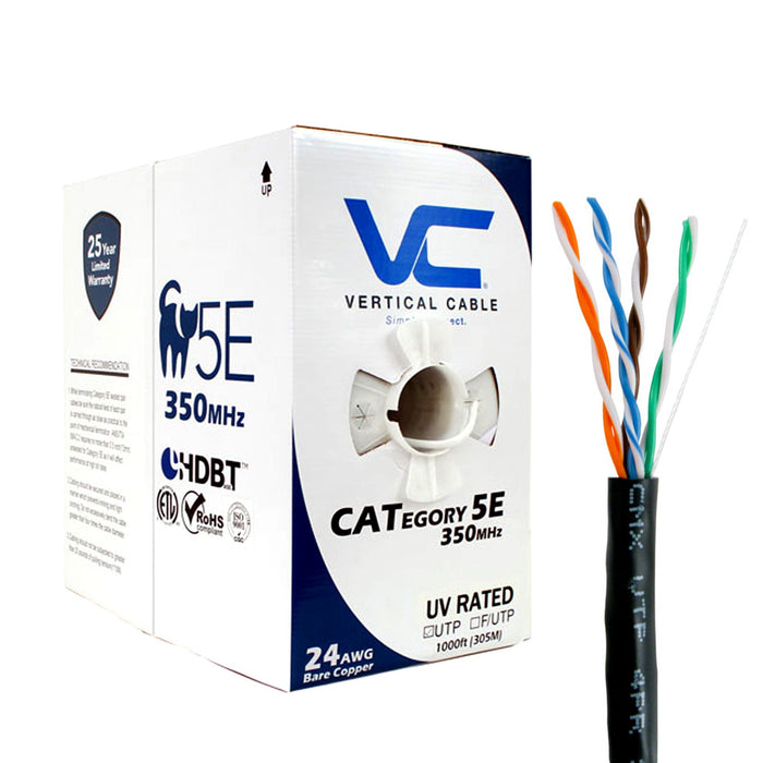 Vertical Cable (059-484-CMX), CAT5E CMX, Outdoor Rated Cable, UV Rated, 8-Conductor, 24AWG Solid-Bare Copper, Black, 1000ft Pull Box