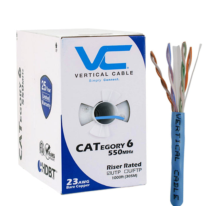 Vertical Cable (CAT6), 23AWG, UTP, Solid Bare Copper, 8C, 550MHz, Riser Rated, PVC Jacket (1000 ft) Black / Blue / White.