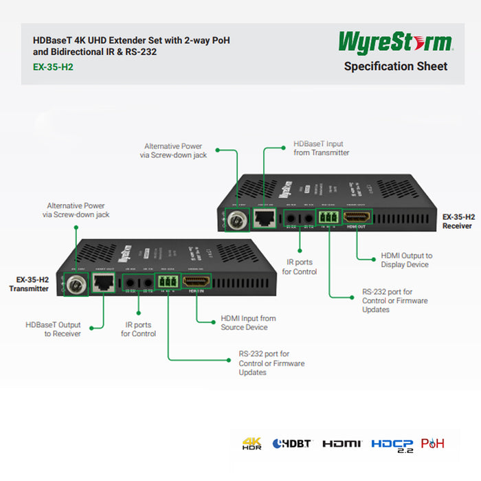 WyreStorm EX-35-H2, HDMI Extender 4K@60Hz 4:4:4 (4K; 35m/115ft / 1080p: 70, / 230ft)  HDBaseT HDCP 2.2 & 2-way PoH and IR Bidiretional.