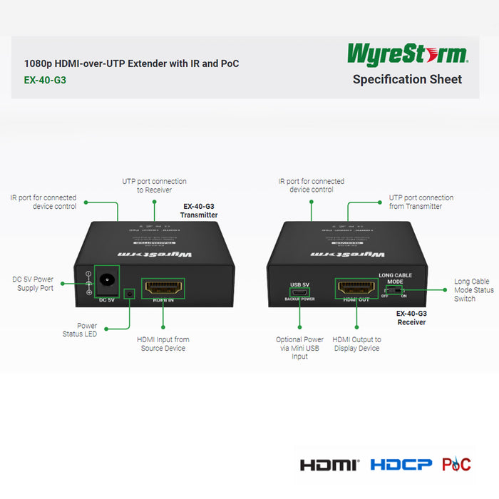 WyreStorm EX-40-G3, HDMI Extender (1080p: 40m/131ft) HDCP & PoC (Power -over-Cable) and IR