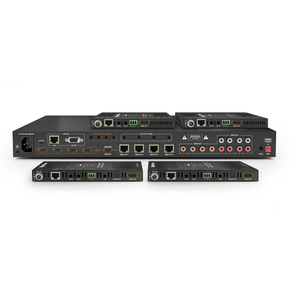 Wyrestorm MXV-0404-H2A-KIT, 4K HDR 4:4:4 60Hz HDBaseT™ 4x4 Matrix Kit with 2 Standard/2 Scaling Receivers & Audio De-Embed (4K: 35m/114ft, 1080p: 70m/230ft)