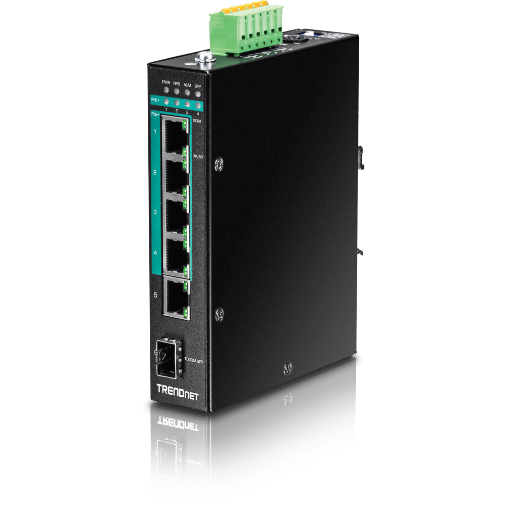 TRENDnet TI-PG541 5-port Hardened Industrial Gigabit PoE+ DIN-Rail Switch